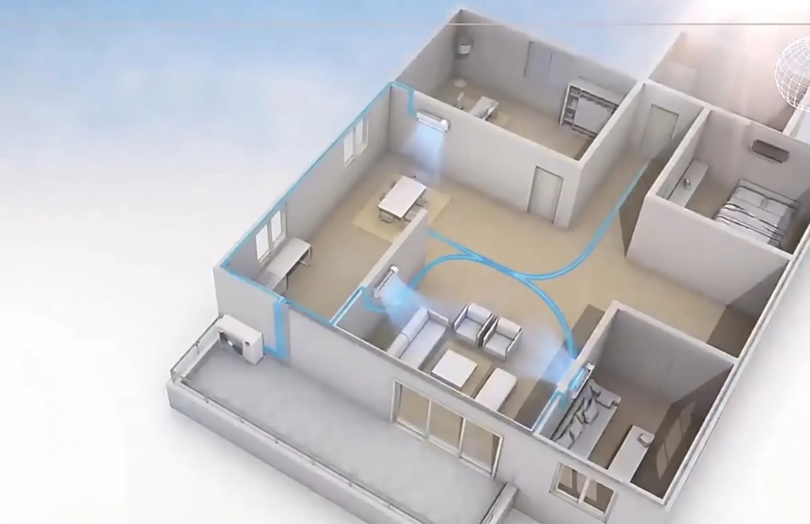Diagram of a multi-room heat pump system showing airflow through a home