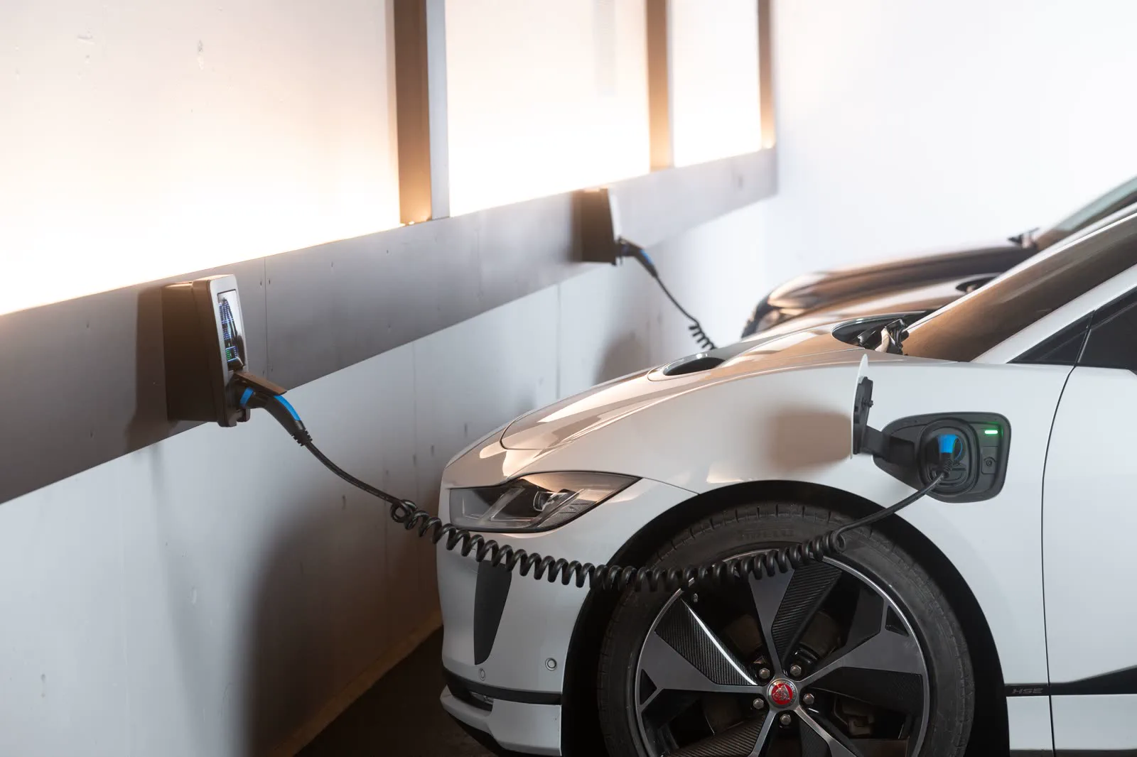 Two electric cars charging from wall-mounted EV chargers in an Auckland garage