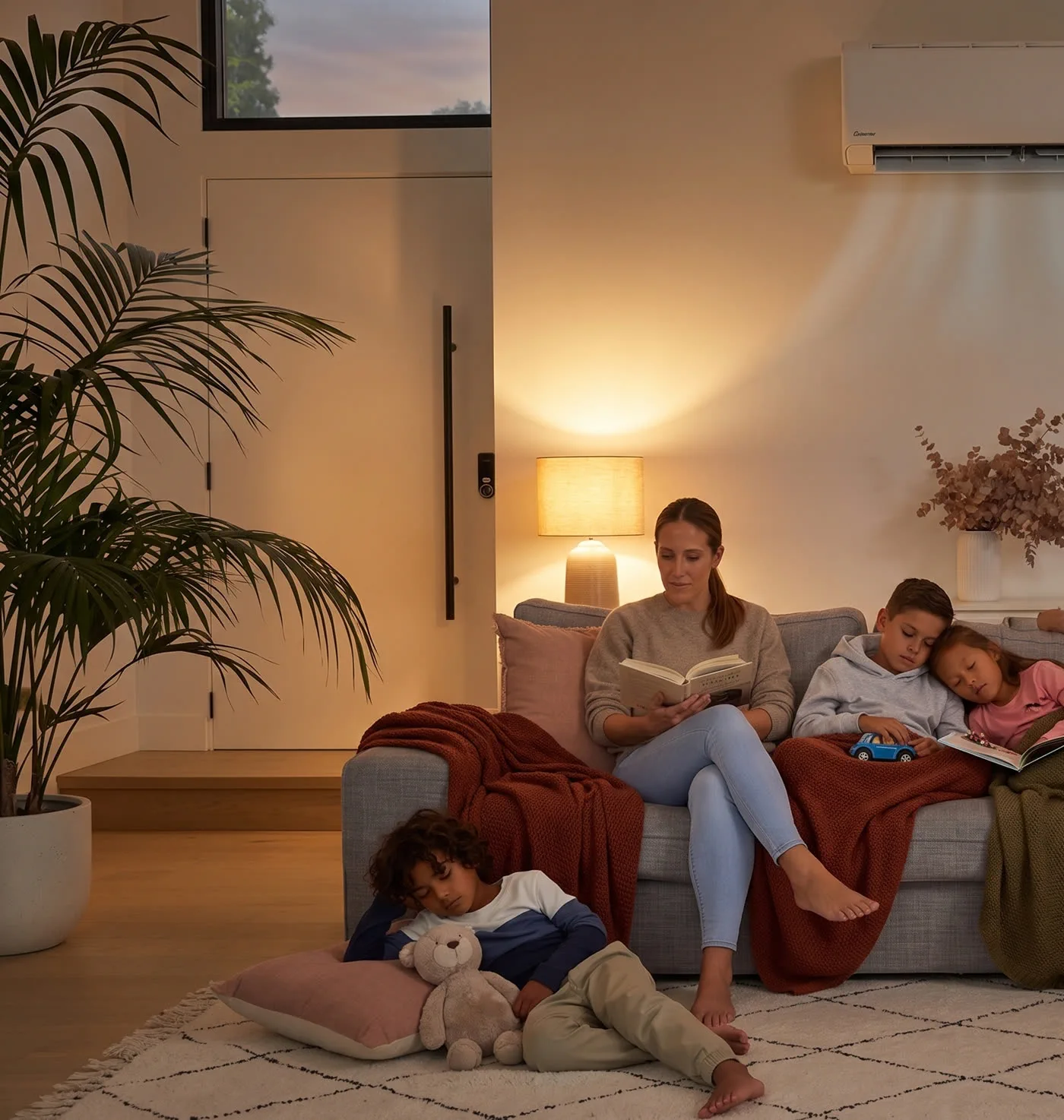 Auckland family relaxing at home in the evening, powered by stored solar from a home battery