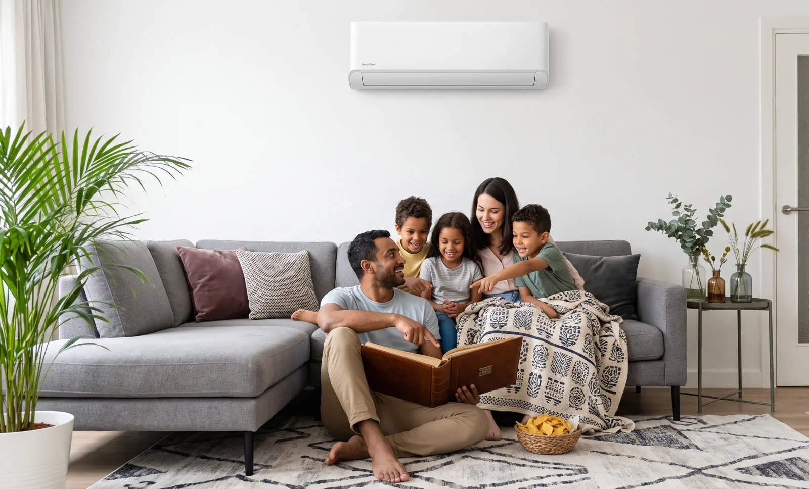Family in a warm Auckland living room heated by a high-wall heat pump
