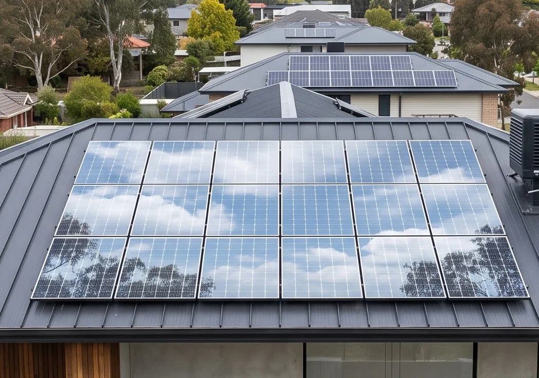 Solar panels on the dark metal roof of a modern Auckland home