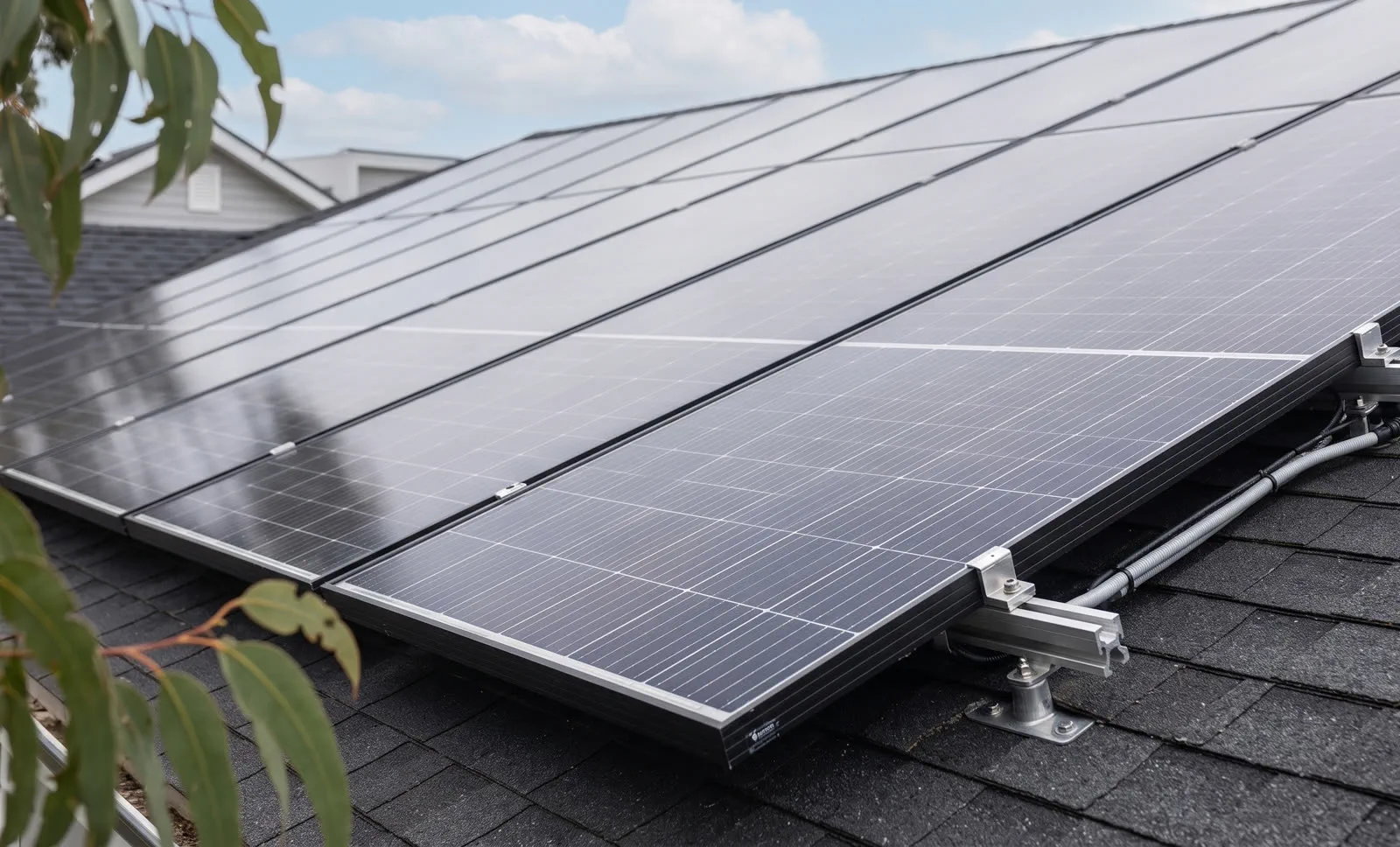 Solar panel mounting rails and clamps during a rooftop installation in Auckland