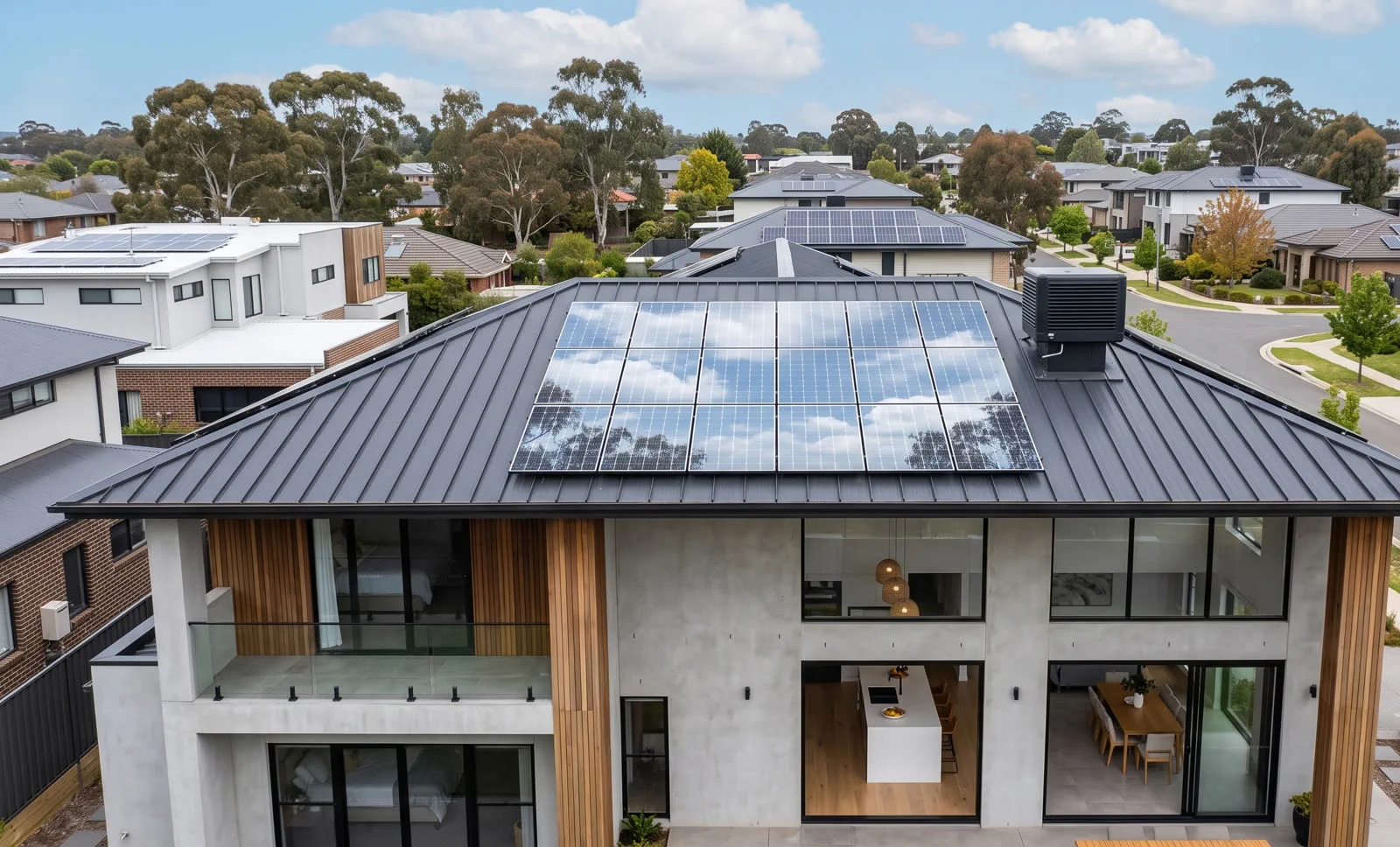 Aerial view of a modern Auckland home with rooftop solar panels and a heat pump