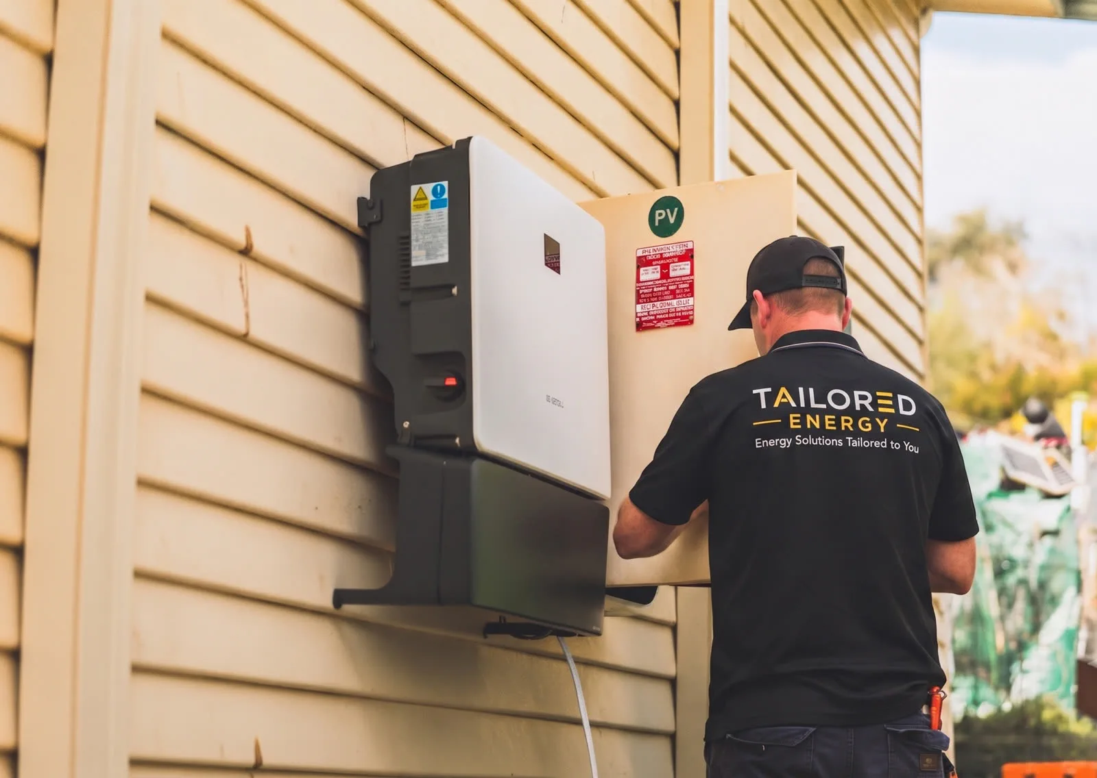 Tailored Energy technician commissioning a solar inverter and home battery in Auckland